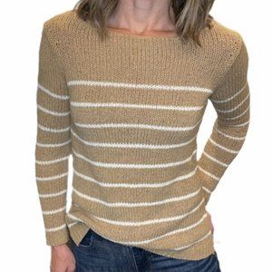 Vince Striped Sweater Tan White Cotton Blend Boat Neck Pullover XS